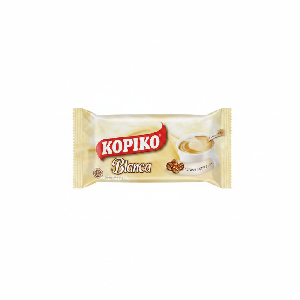 A package of Kopiko Blanca Creamy Coffee Mix, featuring a cream-colored bag with a prominent red Kopiko logo and an illustration of a cup of coffee.