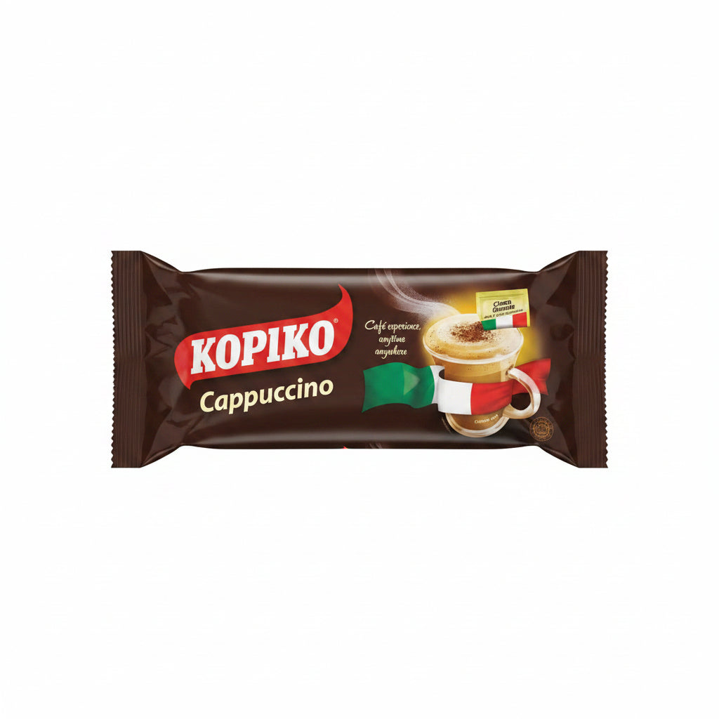 A package of Koŏik Cappuccino coffee capsules, featuring a dark brown wrapper with a prominent red and white Koŏik logo and an illustration of a cappuccino cup with an Italian flag.