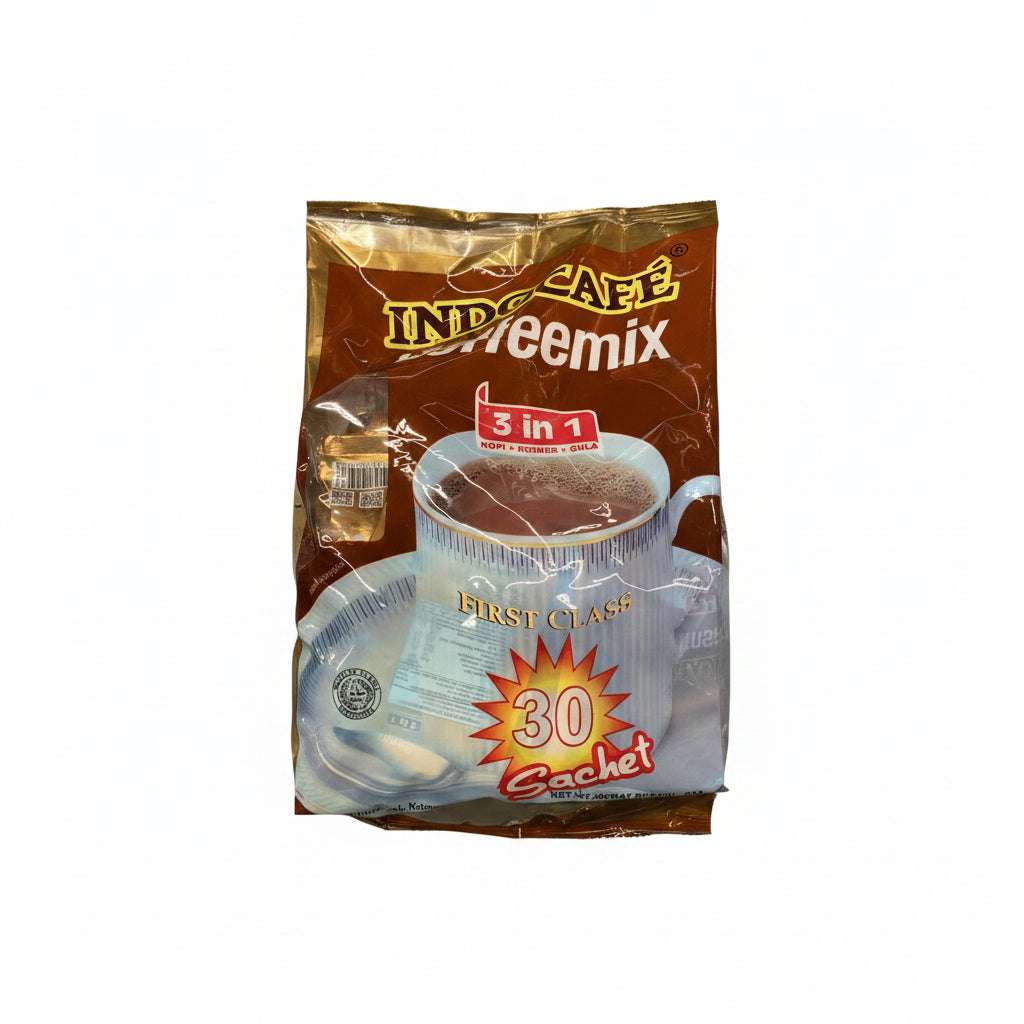 A close-up of a bag of Ikon Cafe Reemix 3-in-1 instant coffee sachets, showing a brown coffee cup graphic and a large red '30 Sachet' burst on the packaging.