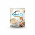 A bag of Luwak White Koffie Original instant coffee, featuring a white and blue design with a cup of coffee, peanuts, and cherries on the packaging.