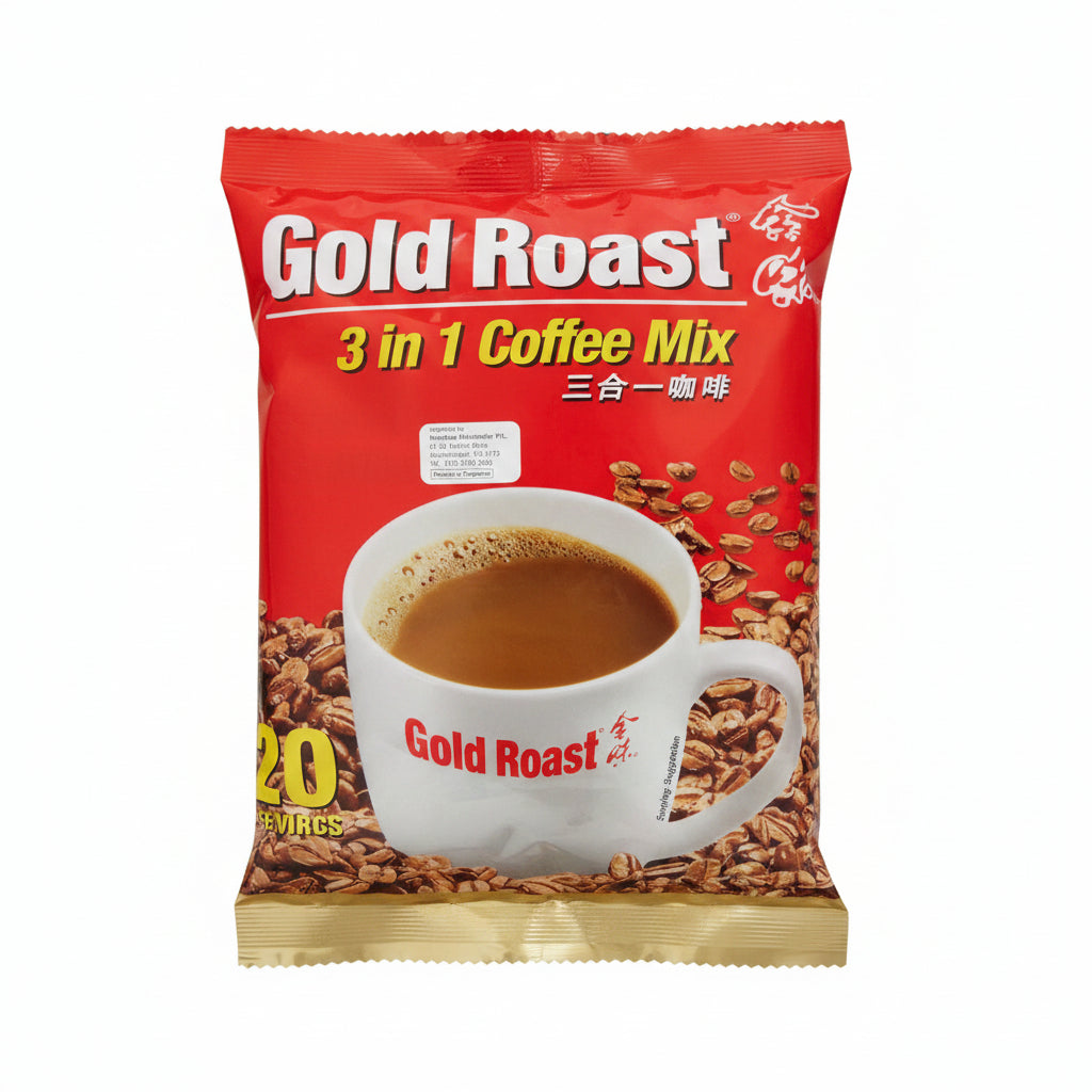 A bag of Gold Roast 3 in 1 Coffee Mix, featuring a bright red packaging design with a white coffee cup, scattered coffee beans, and gold foil accents.
