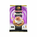 A bag of Aik Cheong Mocha Cafe Art Italian Combo instant coffee sachets, featuring a purple and black packaging design with a cup of coffee and chocolate imagery.
