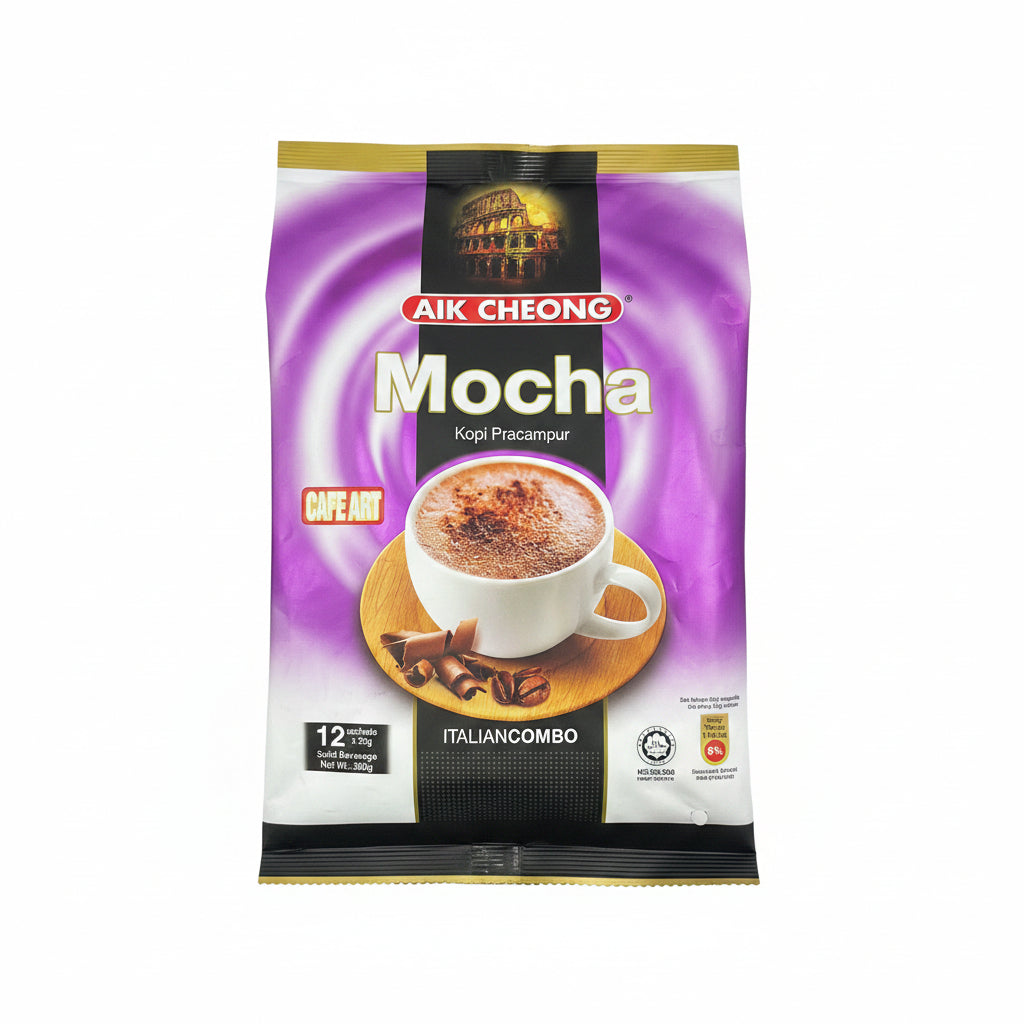 A bag of Aik Cheong Mocha Cafe Art Italian Combo instant coffee sachets, featuring a purple and black packaging design with a cup of coffee and chocolate imagery.