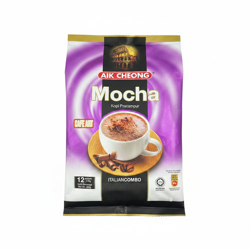 A bag of Aik Cheong Mocha Cafe Art Italian Combo instant coffee sachets, featuring a purple and black packaging design with a cup of coffee and chocolate imagery.