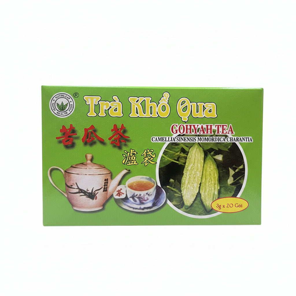 A green box of Gohyah Tea Chinese herbal camellia sinensis tea, featuring illustrations of a teapot, a cup of tea, and fresh bittersweet bitter melon.