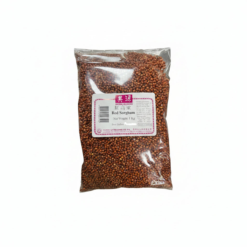 A 1 kg clear plastic bag filled with dried red sorghum seeds, featuring a white label with red and black text. The brand 'Oriental Delicacies' is visible on the label.