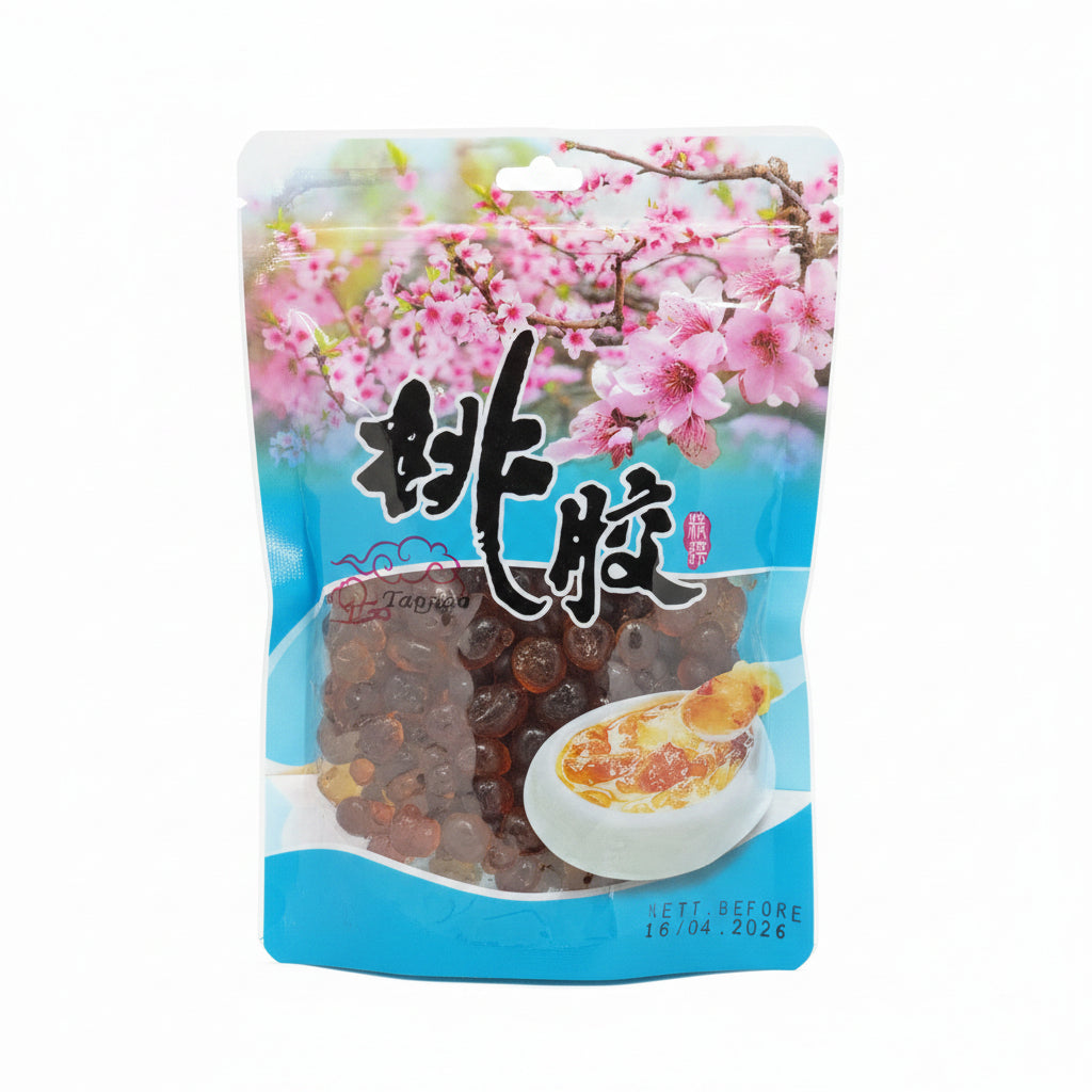 A bag of Chinese jelly beans (Tiao Gao) featuring pink cherry blossoms on the top half and a blue bottom half. The package shows a clear window revealing amber-brown translucent jelly beans, alongside a graphic of a dessert served on a spoon.