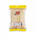 A clear plastic bag of Kam Bow Group Apricot Kernel snacks, showing the light beige apricot kernels inside, with a yellow and green branded header and a white product label at the bottom.