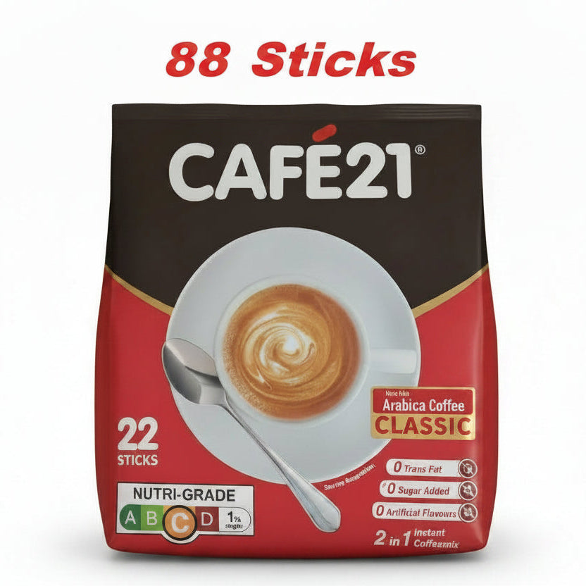 A package of CAFE21 Arabica Coffee Classic instant coffee sticks, 88 sticks total. The packaging is dark brown on top and red on the bottom, featuring a central image of a coffee cup with latte art and a spoon.