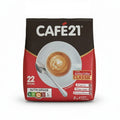 A package of CAFE21 Arabica Coffee Classic instant coffee sticks, 22 sticks total. The packaging is dark brown on top and red on the bottom, featuring a central image of a coffee cup with latte art and a spoon.